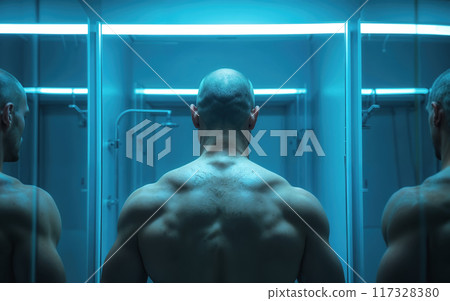 Muscular man looking at his back muscles in the mirror 117328380