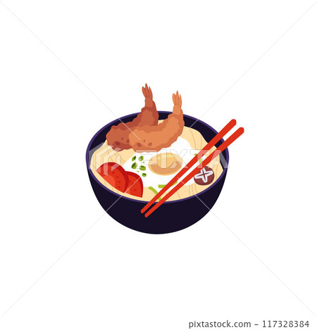 Udon noodle soup with shrimp tempura. Asian food vector illustration. Udon noodle soup with shrimp tempura. Asian food vector illustration. 117328384
