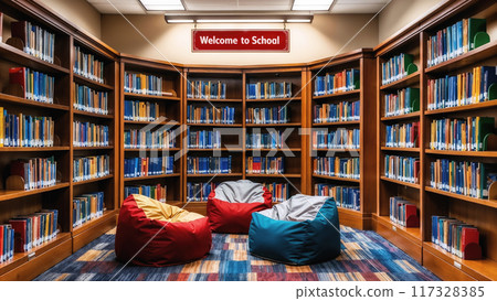 Empty library room with beanbags and nobody around inviting to reading 117328385