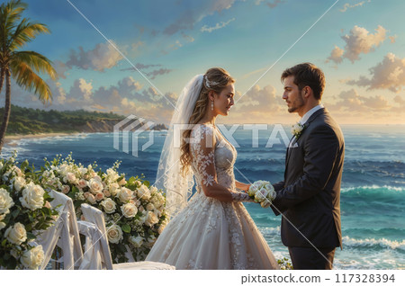 Bride and groom exchanging vows during romantic destination wedding ceremony 117328394