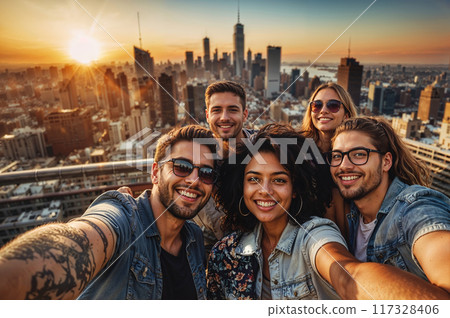 Group of friends taking selfie on rooftop at sunset with city skyline in background 117328406
