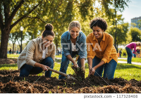 Three young women volunteers planting in community garden Three young women volunteers planting in community garden 117328408