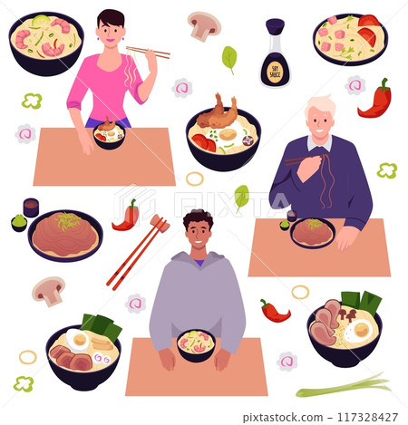 Set of characters eating noodles in bowls in flat style. Set of characters eating noodles in bowls in flat style. 117328427