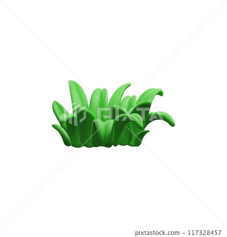 Green grass 3D plastic style, vector cartoon bush of leaves, garden foliage herbs, volume bunch for floral design nature 117328457