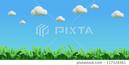 3D rendering with lush green grass and blue sky with clouds for creating a park 117328461