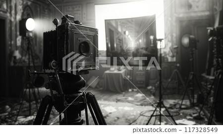 Antique large format camera taking pictures on set in an abandoned building Antique large format camera taking pictures on set in an abandoned building 117328549