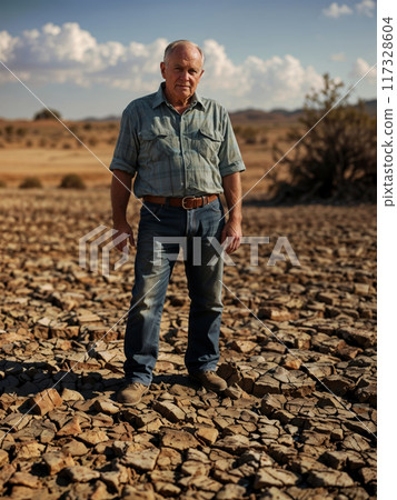 Worried farmer standing on dry cracked land, facing agricultural challenges caused by extreme drought 117328604