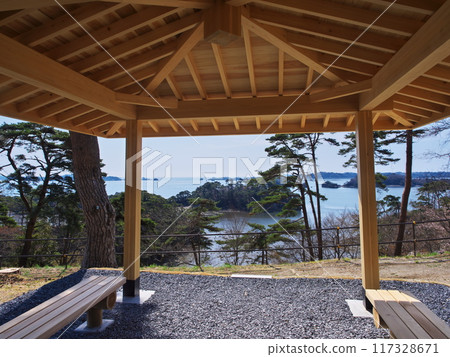 Early spring in Miyagi Prefecture: View of the islands in the western half of Matsushima Bay from the gazebo on Zuiho-ga-Oka 117328671