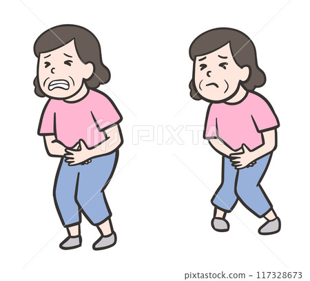Set of illustrations of a middle-aged woman with a stomach ache and a middle-aged woman who is about to leak 117328673