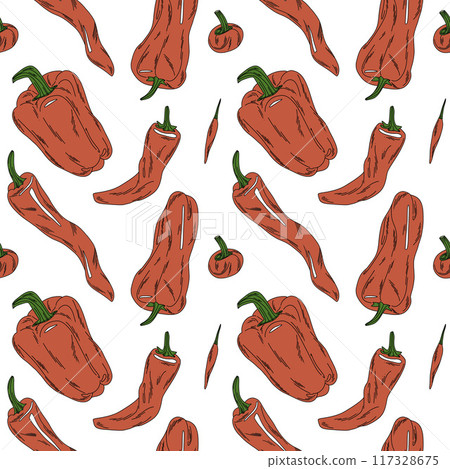 seamless pattern with bright red peppers in flat style for fabric, clothes, kitchen textiles seamless pattern with bright red peppers in flat style for fabric, clothes, kitchen textiles 117328675