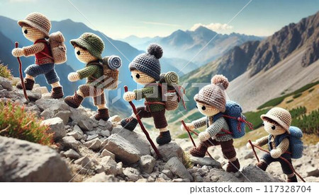 Mountain Expedition: Knitted dolls navigate a rugged path 117328704