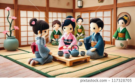 Japanese tradition: Tea ceremony on a tatami mat with knitted dolls 117328705