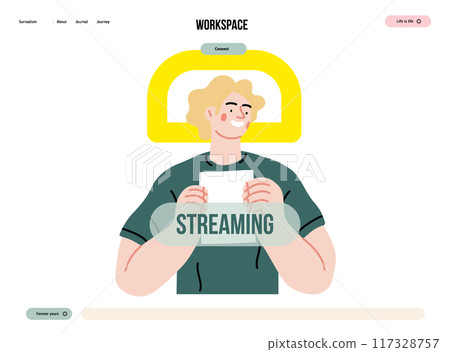 Creative Workspace: Video Conference, modern flat vector concept illustration of person engaging in virtual business meeting Connectivity, collaboration, digital interaction, remote work, productivity Creative Workspace: Video Conference, modern flat vector concept illustration of person engaging in virtual business meeting Connectivity, collaboration, digital interaction, remote work, productivity 117328757