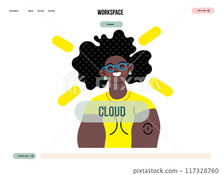 Creative Workspace: Video Conference, modern flat vector concept illustration of person engaging in virtual business meeting Connectivity, collaboration, digital interaction, remote work, productivity 117328760