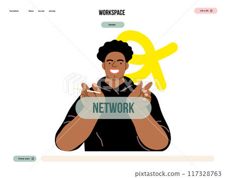 Creative Workspace: Video Conference, modern flat vector concept illustration of person engaging in virtual business meeting Connectivity, collaboration, digital interaction, remote work, productivity 117328763