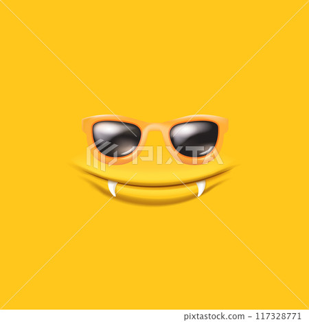 Vector Cartoon monster avatar with sunglasses, open mouth, fangs isolated on orange background. Funny and cute Halloween Monster open mouth with big vampire fangs. Bizarre face Vector Cartoon monster avatar with sunglasses, open mouth, fangs isolated on orange background. Funny and cute Halloween Monster open mouth with big vampire fangs. Bizarre face 117328771