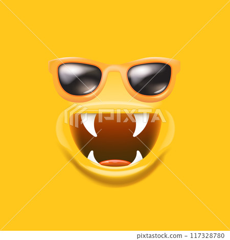 Vector Cartoon monster avatar with sunglasses, open mouth, fangs isolated on orange background. Funny and cute Halloween Monster open mouth with big vampire fangs. Bizarre face 117328780