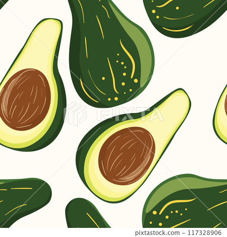 Cute avocado isolated on white background. Avocados with leaves and slice. Natural delicious fresh ripe tasty summer fruit. Vector illustration for packaging, card, other design. Food concept Cute avocado isolated on white background. Avocados with leaves and slice. Natural delicious fresh ripe tasty summer fruit. Vector illustration for packaging, card, other design. Food concept 117328906