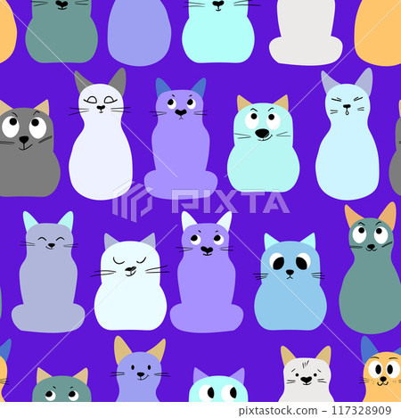 Seamless pattern with cute kitten print. Different scandy cats on color background. Scandinavian style illustration for kids. Vector illustration for fabric, textile, wallpaper, home clothing, pajama Seamless pattern with cute kitten print. Different scandy cats on color background. Scandinavian style illustration for kids. Vector illustration for fabric, textile, wallpaper, home clothing, pajama 117328909