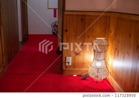 Rattan bamboo floor lamp light up at traditional Japanese ryokan 117328950