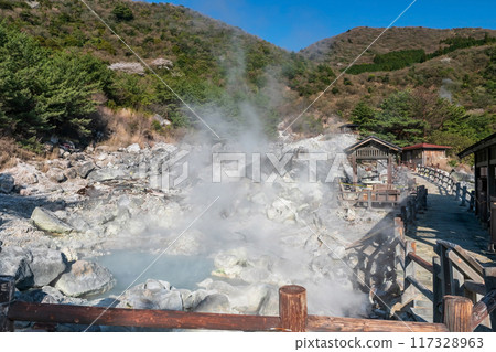 Hell valley Jigoku at Mount Unzen onsen hot springs resort, Nagasaki Hell valley Jigoku at Mount Unzen onsen hot springs resort, Nagasaki 117328963