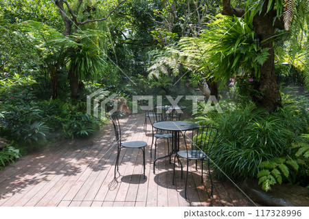 tables and chairs on beautiful garden with fog at outdoor cafe tables and chairs on beautiful garden with fog at outdoor cafe 117328996