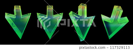 3D glass arrow set, crystal transparent UI cursor icon, green y2k glossy direction emblem, pointer.  117329113