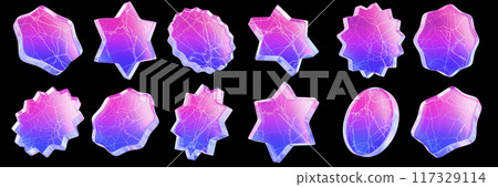 3D glass sticker icon set, crystal gradient transparent star promotion button, ice circle wavy edge. 3D glass sticker icon set, crystal gradient transparent star promotion button, ice circle wavy edge. 117329114