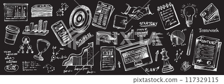 Business doodle set, hand drawn teamwork strategy vector finance graphic sketch, scribble diagram.  117329115