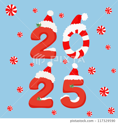 The numbers 2025 on on a blue background with confetti of red candies. Vector illustration. The numbers 2025 on on a blue background with confetti of red candies. Vector illustration. 117329590