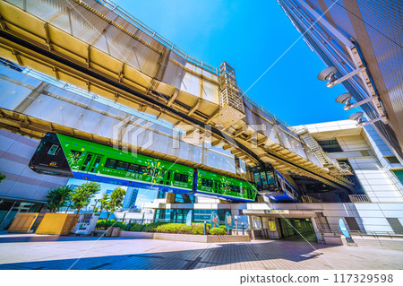 Chiba cityscape in Japan in August. View of Chiba Station and the monorail of the Chiba Urban Monorail 117329598