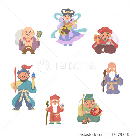 Hand-drawn illustration of the Seven Lucky Gods Hand-drawn illustration of the Seven Lucky Gods 117329858