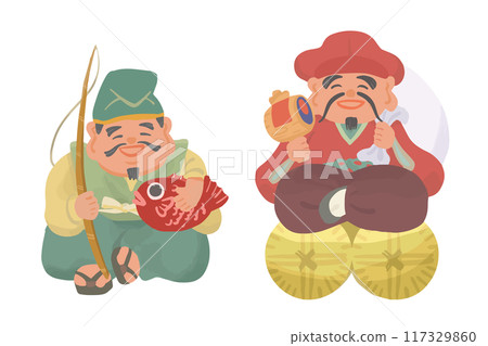 Hand-drawn illustration of Ebisu and Daikoku 117329860