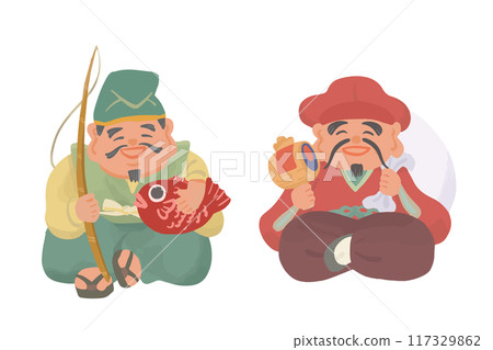 Hand-drawn illustration of Ebisu and Daikoku 117329862