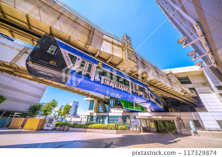Chiba cityscape in Japan in August. View of Chiba Station and the monorail of the Chiba Urban Monorail 117329874