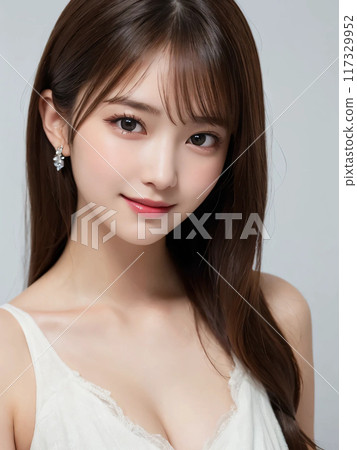 一個長頭髮的女人和藹地微笑 117329952