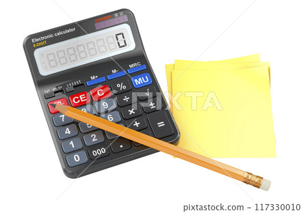 Calculator with pencil and blank yellow sticky notes. 3D rendering 117330010