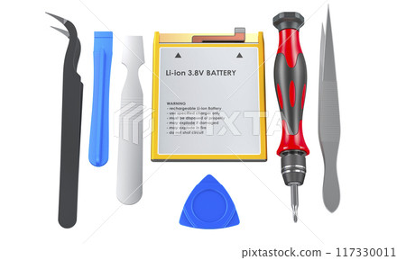 Cell Phone Battery with Professional Repair Tool Kit for Electronics. Cell Phone Repair Service, concept. 3D rendering 117330011