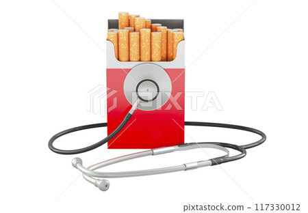 Cigarette pack with Stethoscope. Respiratory and lung diseases from smoking, concept. 3D rendering 117330012