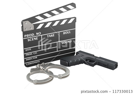 Clapperboard with handcuffs and gun, 3D rendering 117330013