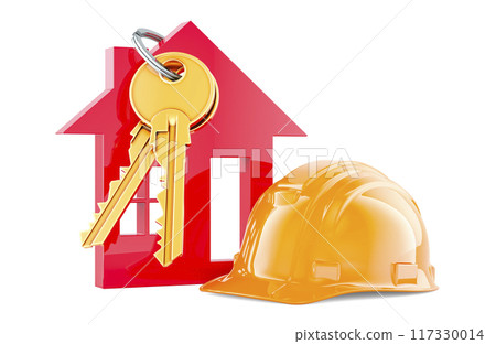 Construction hard hat and home key with keychain, 3D rendering 117330014