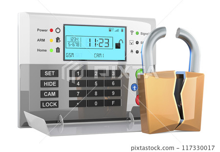 Hacking of security alarm system. Home burglar security with Broken Padlock, 3D rendering 117330017
