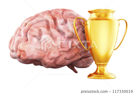 Human Brain with gold trophy cup award. 3D rendering 117330019