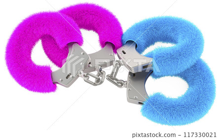 Pink and blue fluffy handcuffs, 3D rendering 117330021