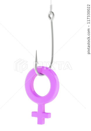 Pink female gender symbol on the fishing hook, 3D rendering Pink female gender symbol on the fishing hook, 3D rendering 117330022
