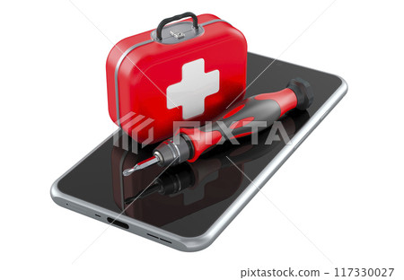 Smartphone with First Aid kit and precision screwdriver. Cell Phone Repair Service, concept. 3D rendering Smartphone with First Aid kit and precision screwdriver. Cell Phone Repair Service, concept. 3D rendering 117330027