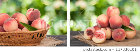 peaches in a wicker basket on wooden table with blurred background peaches in a wicker basket on wooden table with blurred background 117330101