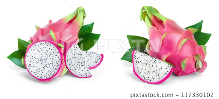Ripe Dragon fruit, Pitaya or Pitahaya isolated on white background, fruit healthy concept 117330102