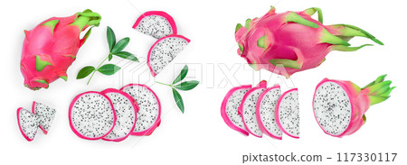 Dragon fruit, Pitaya or Pitahaya with leaf isolated on white background. Top view. Flat lay 117330117