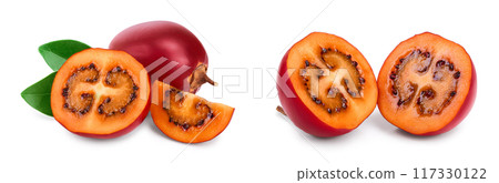 Fresh tamarillo fruit with leaves isolated on white background Fresh tamarillo fruit with leaves isolated on white background 117330122